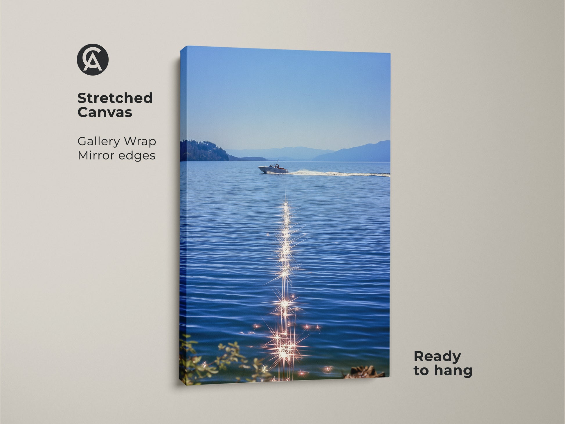 Stretched canvas of a boat on blue water. Sparkling ocean canvas art makes a realistic lake landscape. Ready to hang coastal bedroom wall decor for boat lovers. Enjoy summer water scene art with this nautical home decor print. Modern boat artwork for calm spaces. Perfect as residential wall art.
