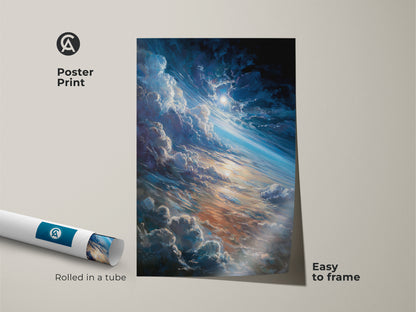 Poster print features captivating space artwork. The art displays clouds and a bright sun. This easy-to-frame poster arrives rolled in a tube. Add a celestial touch to any room with this stunning space-themed art. The poster print is a great addition to your home decor.