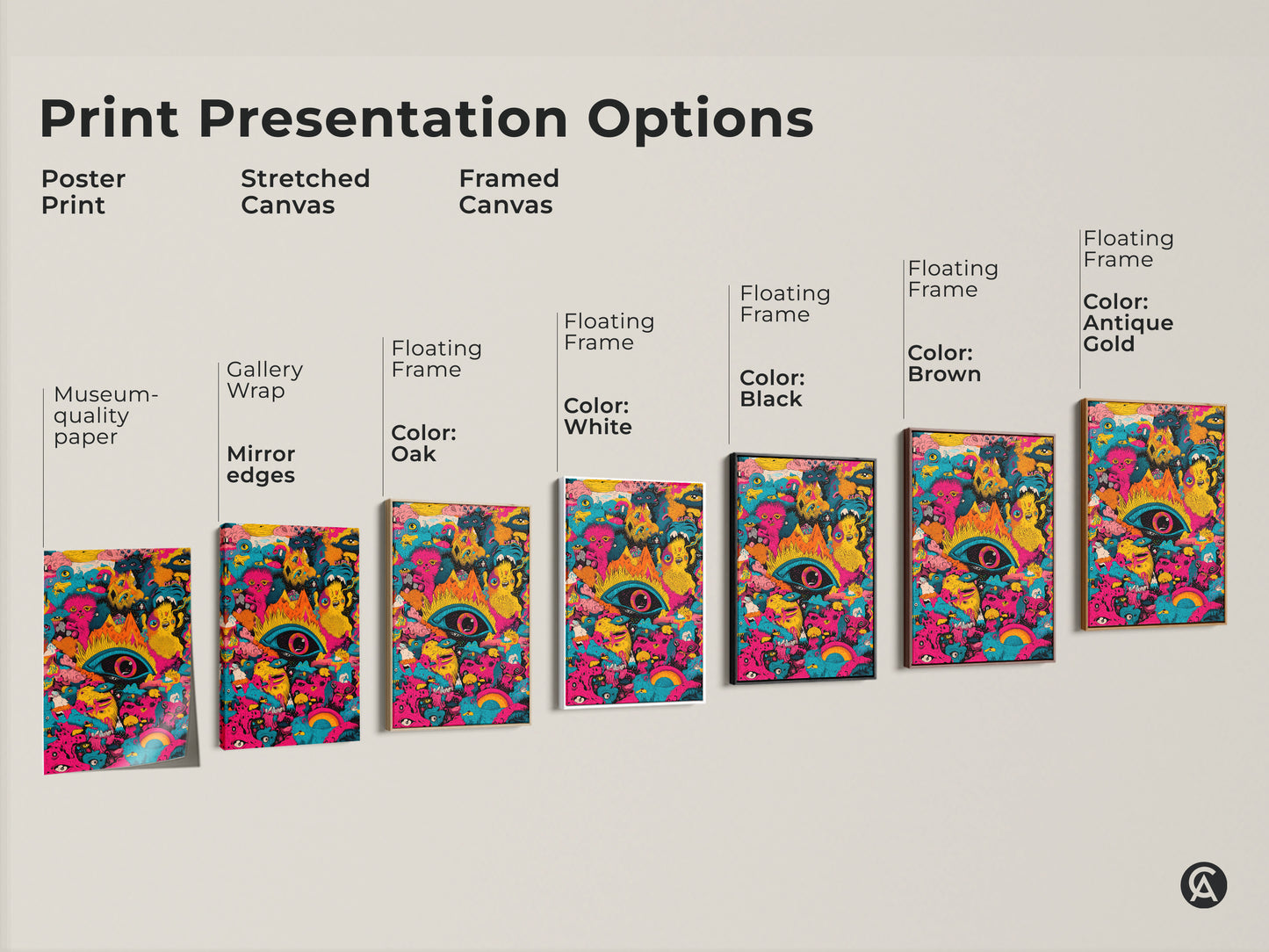 Explore print presentation options for psychedelic monster art. Choose from poster prints stretched canvas or framed canvas. Options include museum-quality paper gallery wrap and floating frames. Find the perfect style to showcase this unique artwork.