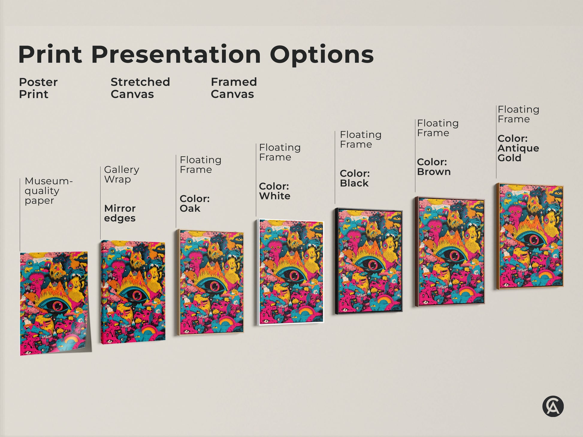 Explore print presentation options for psychedelic monster art. Choose from poster prints stretched canvas or framed canvas. Options include museum-quality paper gallery wrap and floating frames. Find the perfect style to showcase this unique artwork.