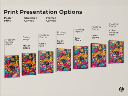Explore print presentation options for psychedelic monster art. Choose from poster prints stretched canvas or framed canvas. Options include museum-quality paper gallery wrap and floating frames. Find the perfect style to showcase this unique artwork.