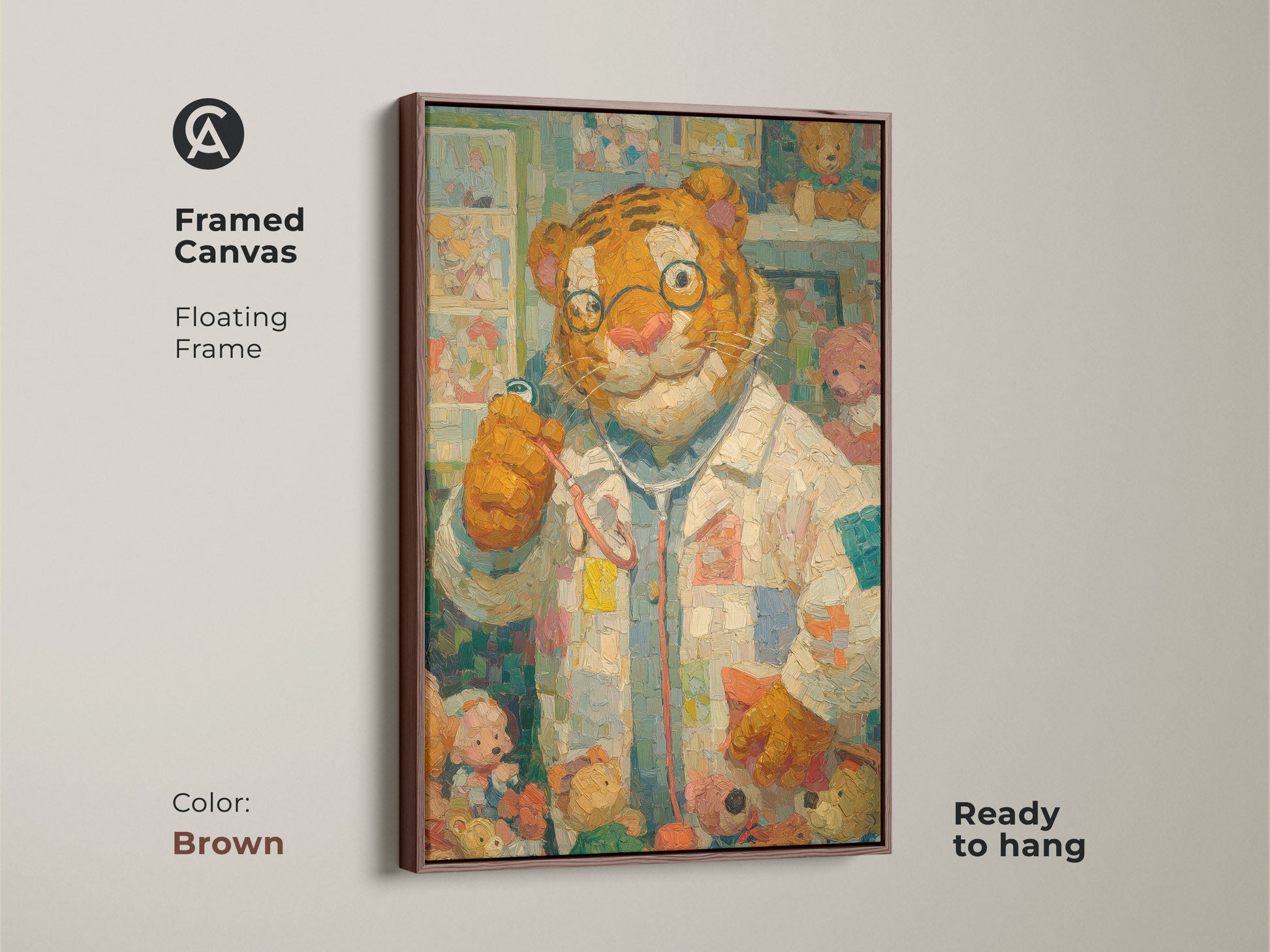 Framed canvas print featuring a tiger doctor with teddy bears and a floating brown frame. This charming animal artwork is ready to hang. Its warm tones complement any decor. Add this art to your collection today