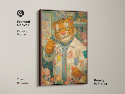Framed canvas print featuring a tiger doctor with teddy bears and a floating brown frame. This charming animal artwork is ready to hang. Its warm tones complement any decor. Add this art to your collection today
