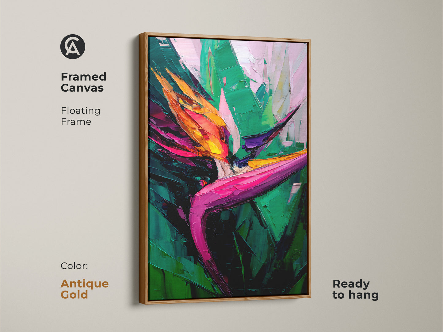 Framed canvas featuring a Bird of Paradise. This tropical leaves artwork has an antique gold floating frame. This boho botanical art print brings vibrant color to any room. Ready to hang.