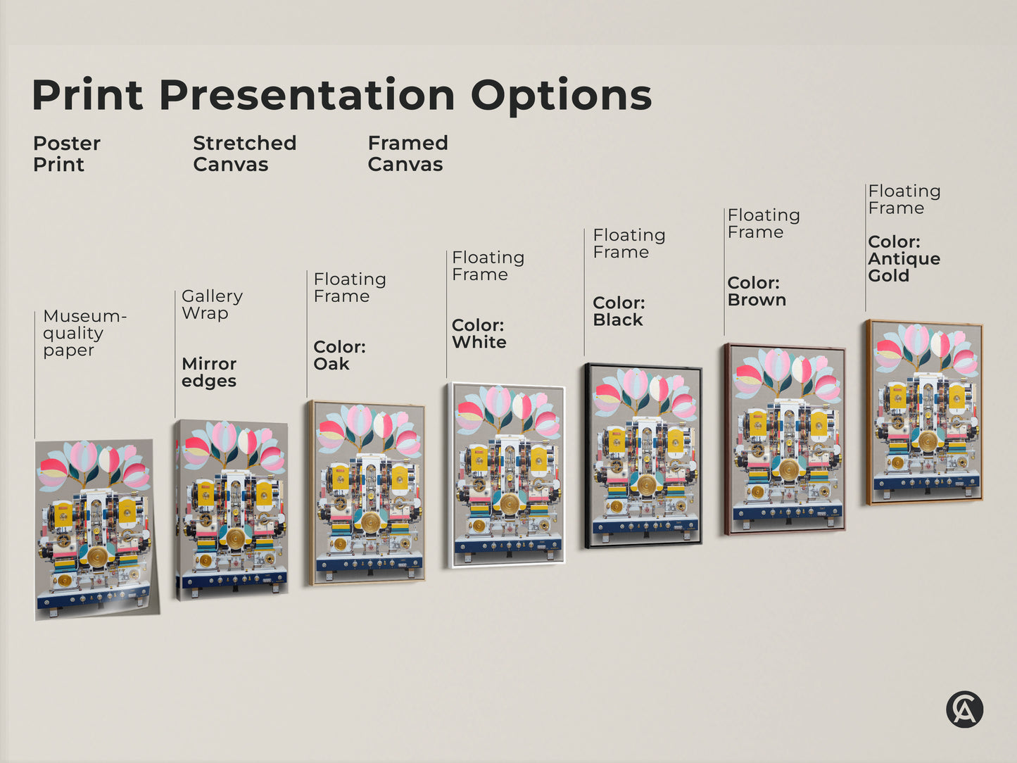 Explore print presentation options. See poster prints stretched canvases and framed canvases with museum-quality edges. Floating frames are available in black brown oak antique gold and white. Find the ideal presentation for surreal machine and floral art to enhance your space with unique artwork.
