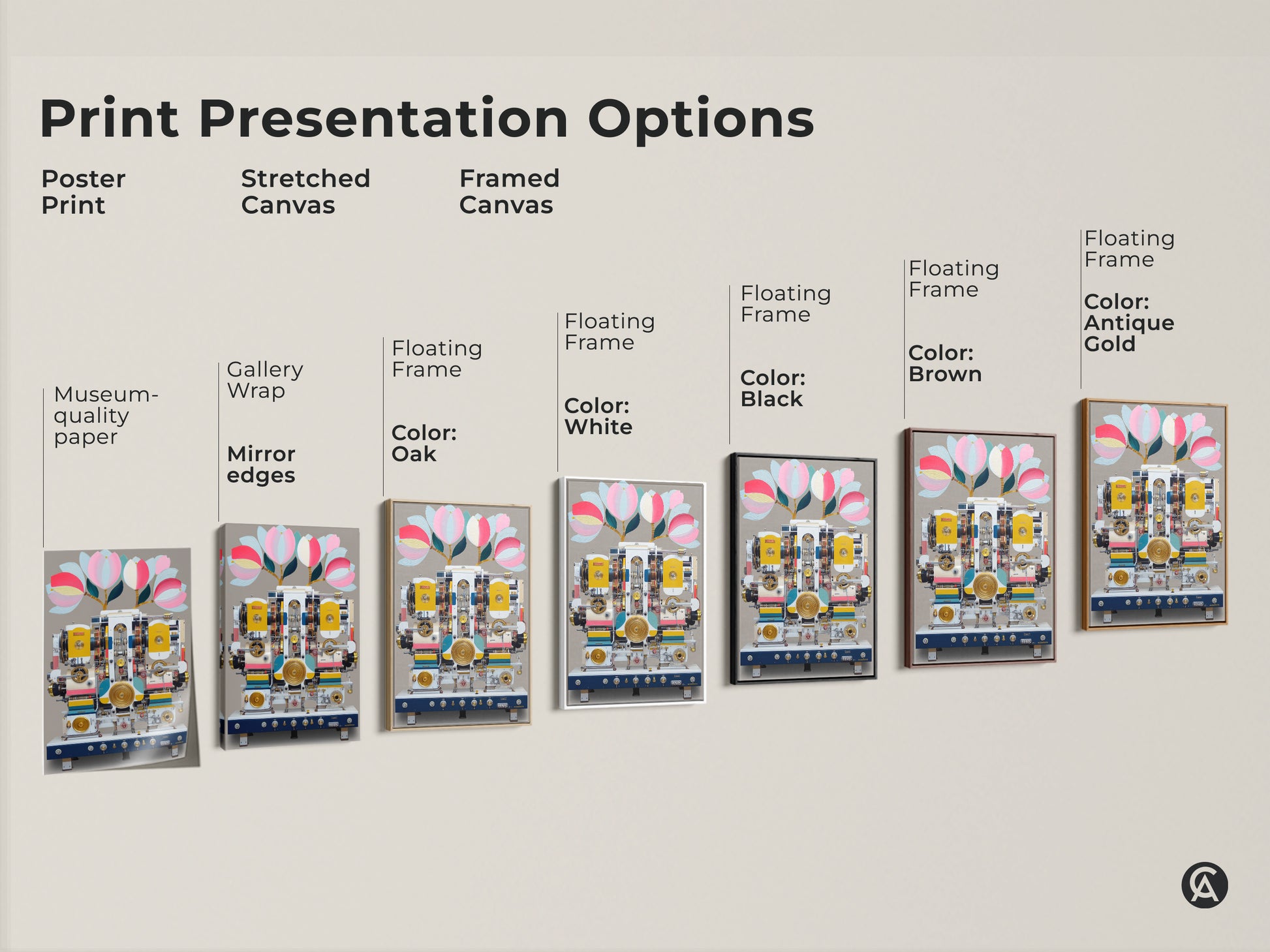 Explore print presentation options. See poster prints stretched canvases and framed canvases with museum-quality edges. Floating frames are available in black brown oak antique gold and white. Find the ideal presentation for surreal machine and floral art to enhance your space with unique artwork.