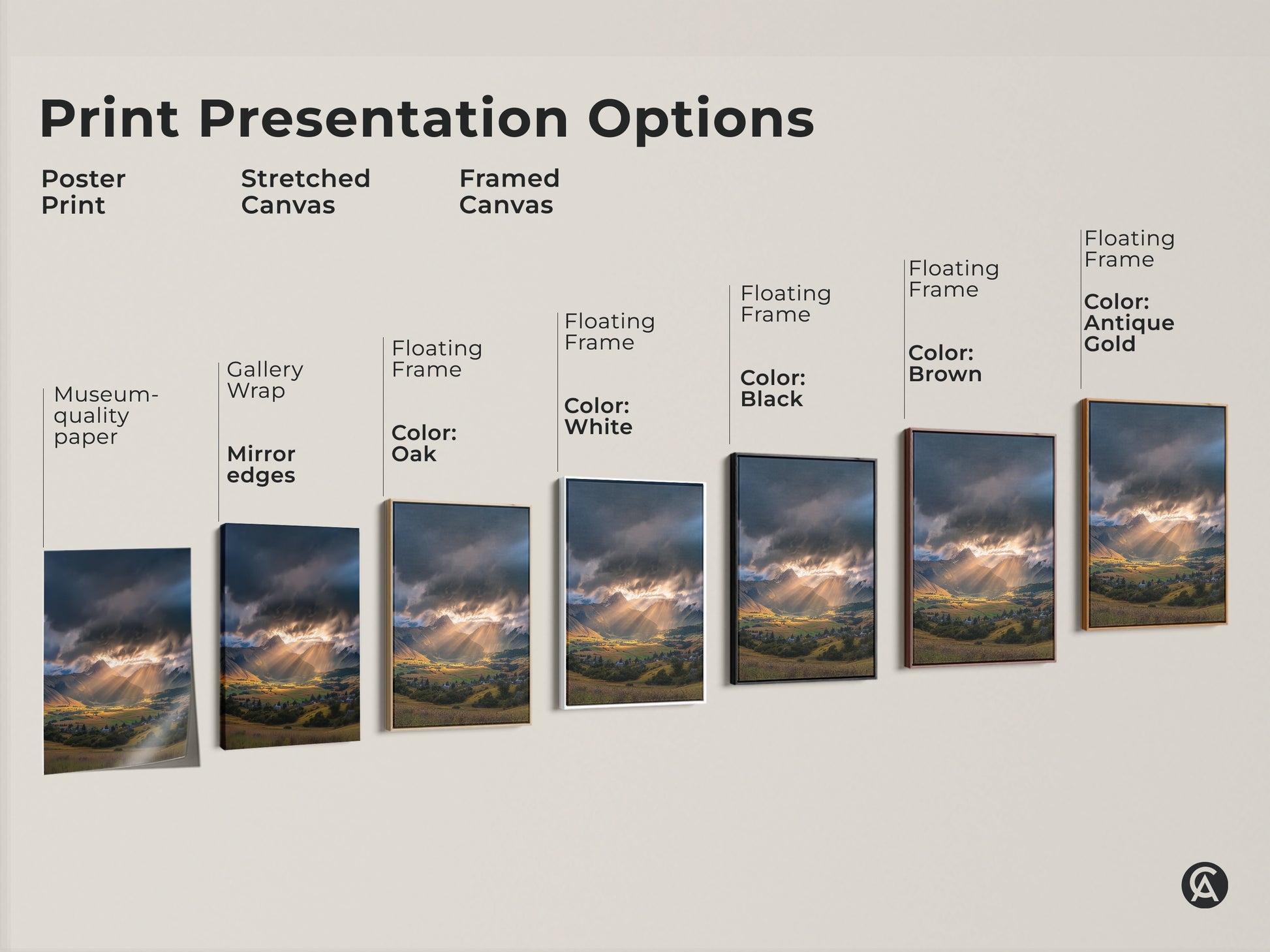 Print presentation options for mountain landscape wall art. Poster print stretched canvas and framed canvas available. Floating frame colors include Oak White Black Brown and Antique Gold. Museum quality paper with gallery wrap.