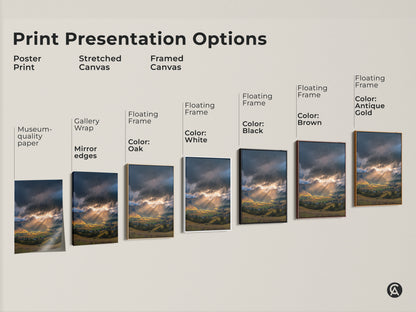 Print presentation options for mountain landscape wall art. Poster print stretched canvas and framed canvas available. Floating frame colors include Oak White Black Brown and Antique Gold. Museum quality paper with gallery wrap.