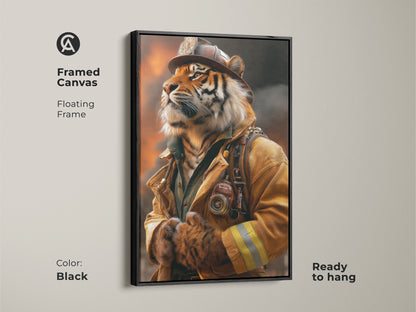 Black framed canvas art featuring a tiger firefighter. It has a floating frame and is ready to hang. This unique animal hero artwork will make a bold statement. The perfect eclectic office decor or a creative gift for firefighter enthusiasts.