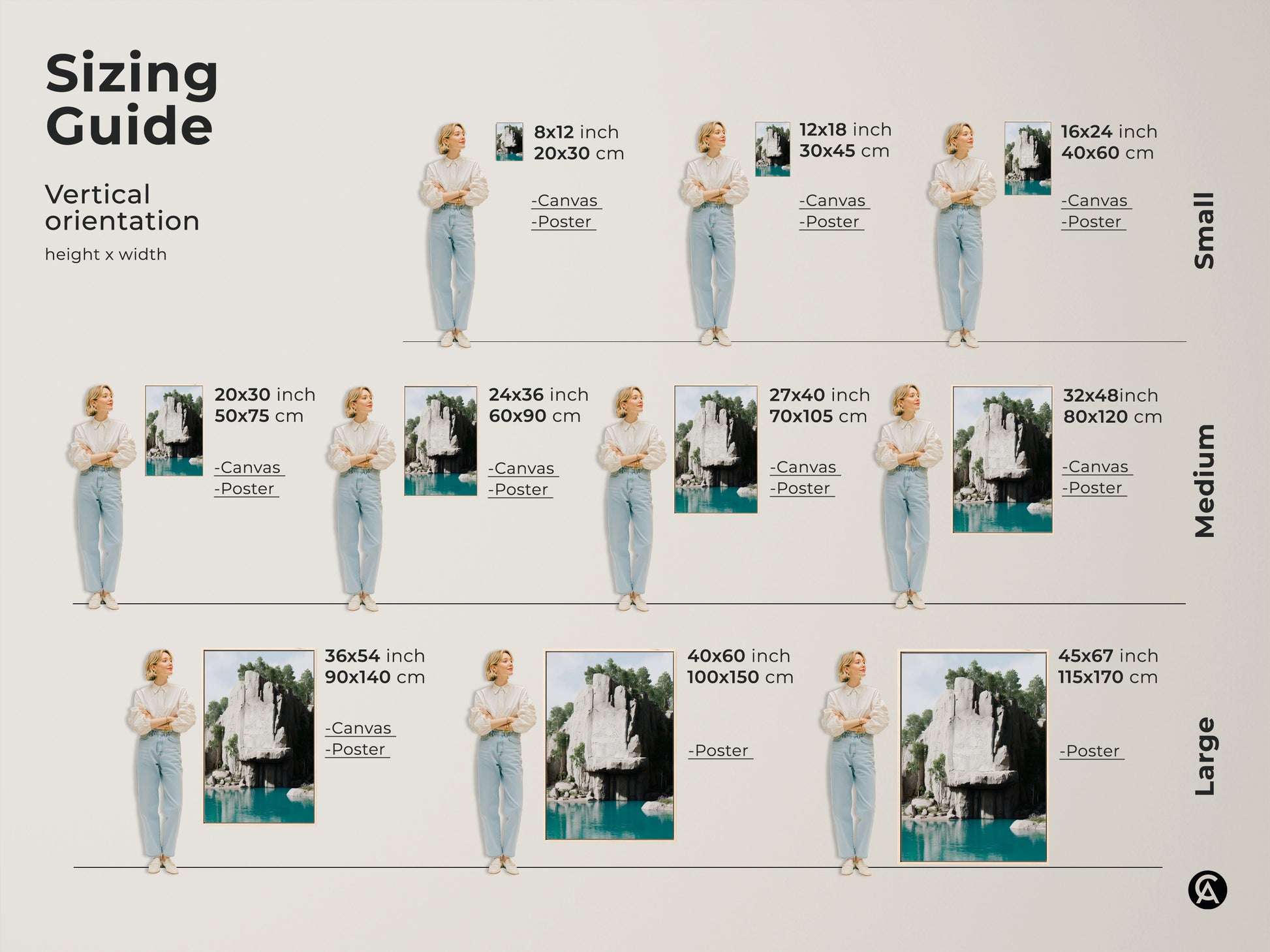 Sizing guide for the teal lake and cliff canvas art print. Vertical orientation options include small medium and large sizes. Perfect for any space from bedroom to living room.