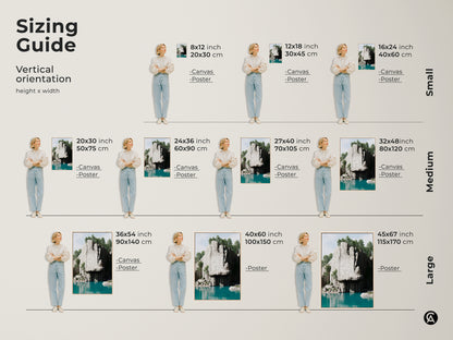 Sizing guide for the teal lake and cliff canvas art print. Vertical orientation options include small medium and large sizes. Perfect for any space from bedroom to living room.