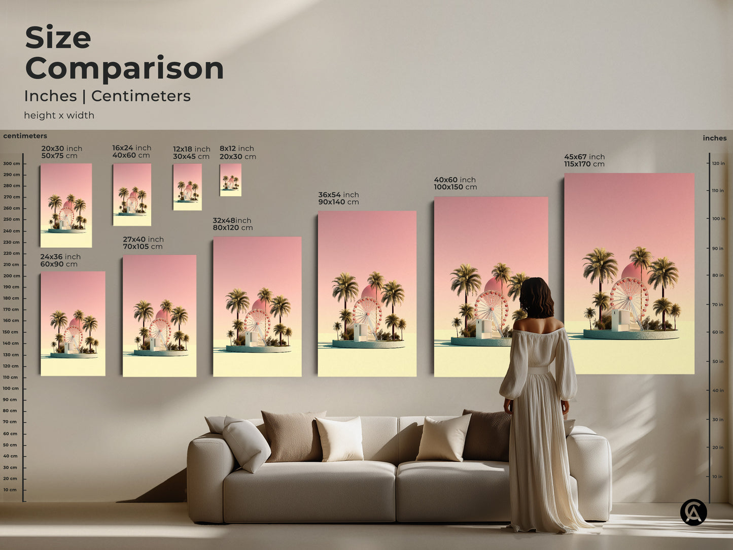 Size comparison of various canvas and poster print sizes. This retro futurism artwork showcases a pastel yellow Ferris wheel and palm trees. Sizes range from small to large for this boho palm tree canvas. Choose the ideal size for your living space to enjoy this summer vacation travel gift.