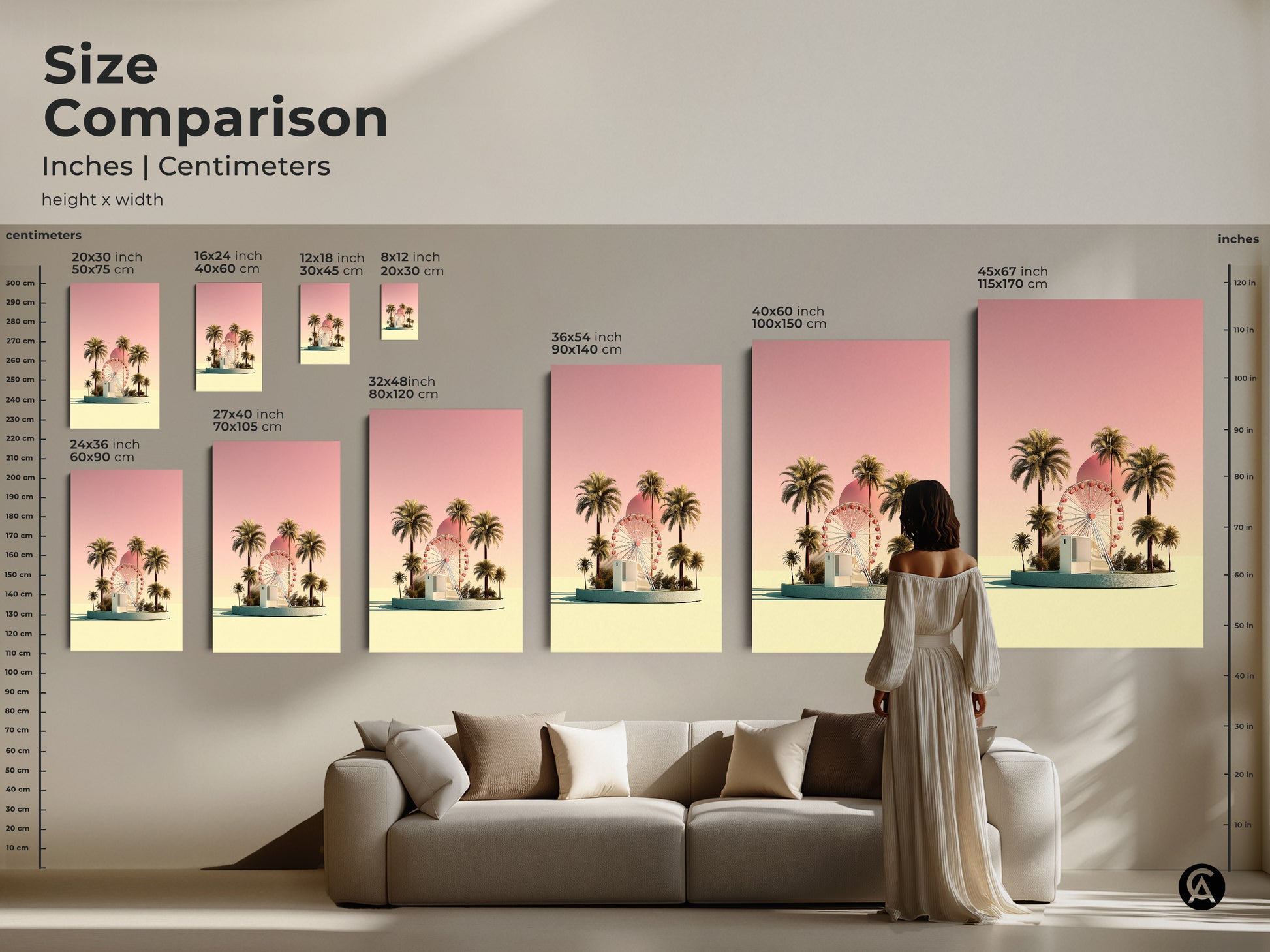 Size comparison of various canvas and poster print sizes. This retro futurism artwork showcases a pastel yellow Ferris wheel and palm trees. Sizes range from small to large for this boho palm tree canvas. Choose the ideal size for your living space to enjoy this summer vacation travel gift.