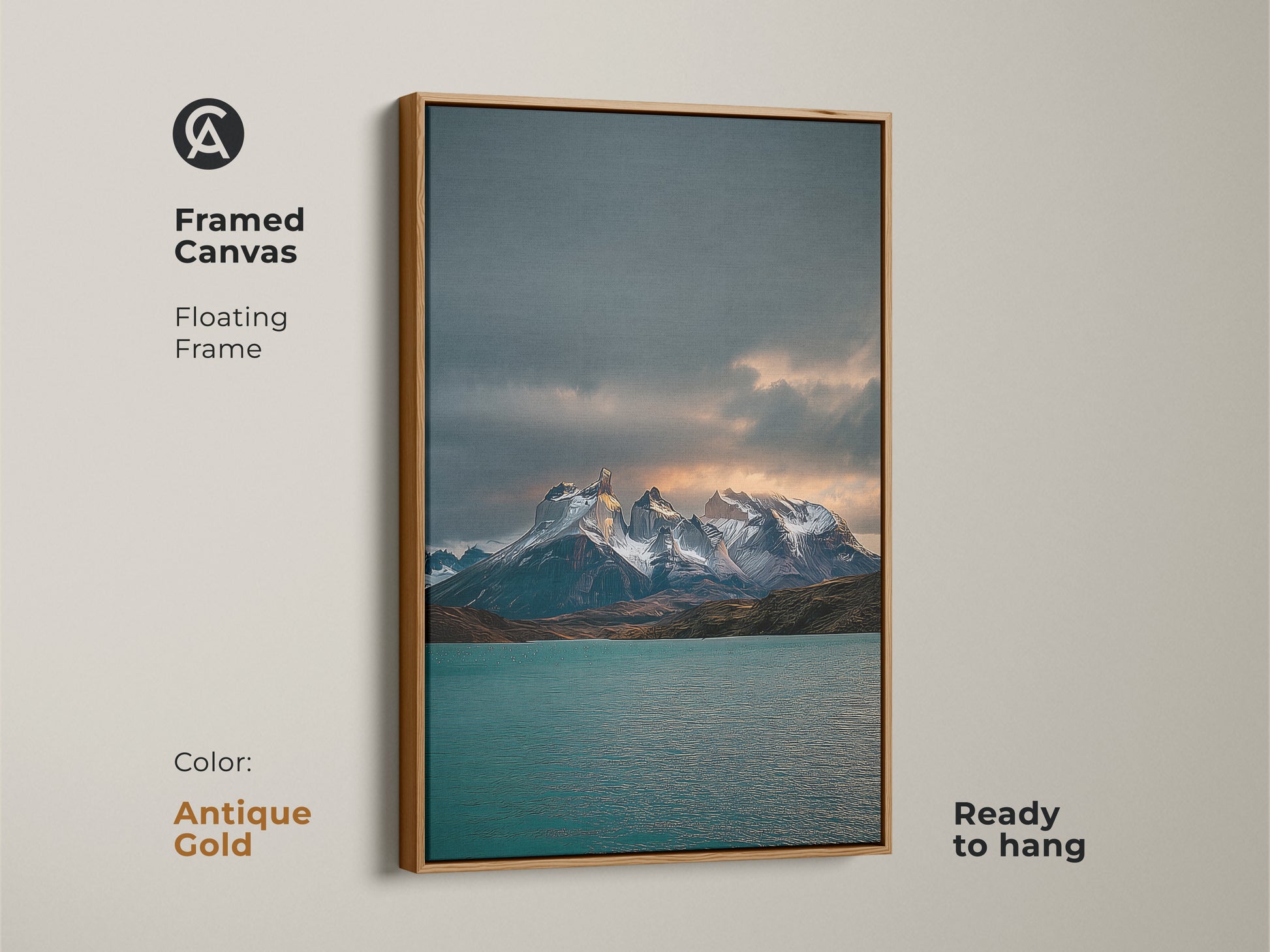 Antique gold framed canvas featuring a teal lake and snowy peaks landscape. This modern home decor print is ready to hang. Great as a housewarming gift for him.