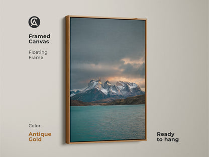 Antique gold framed canvas featuring a teal lake and snowy peaks landscape. This modern home decor print is ready to hang. Great as a housewarming gift for him.