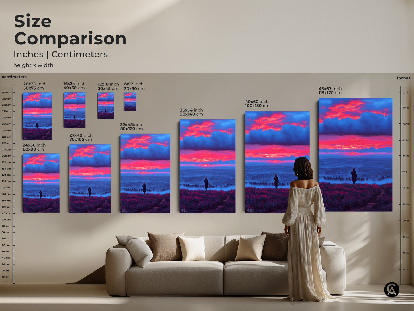 Size comparison showcasing surreal skyscape canvas art. See various sizes of the artwork featuring a lone figure overlooking a misty valley under a crimson and blue sunset. Ideal for adding an artistic touch to your living room this eclectic print makes a unique travel gift.