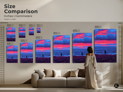 Size comparison showcasing surreal skyscape canvas art. See various sizes of the artwork featuring a lone figure overlooking a misty valley under a crimson and blue sunset. Ideal for adding an artistic touch to your living room this eclectic print makes a unique travel gift.