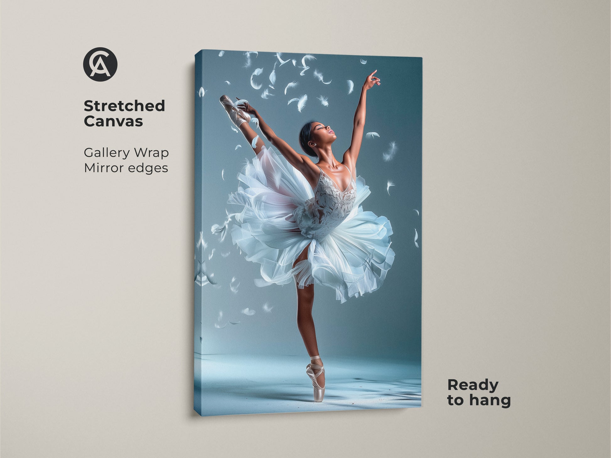 Stretched canvas of a ballerina. The gallery-wrapped canvas features a ballerina in a white tutu. She strikes a pose with feathers surrounding her. Ready to hang this elegant ballet art in your home or studio.