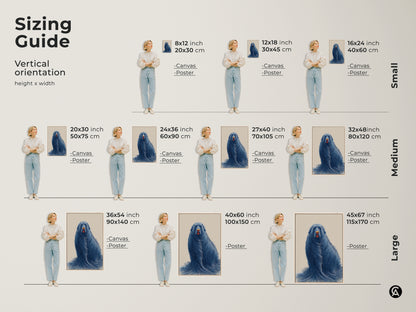Sizing guide for surreal blue dog canvas and poster art. Visualize various sizes to fit your space. Find the perfect eclectic animal print for your bedroom or living room decor.