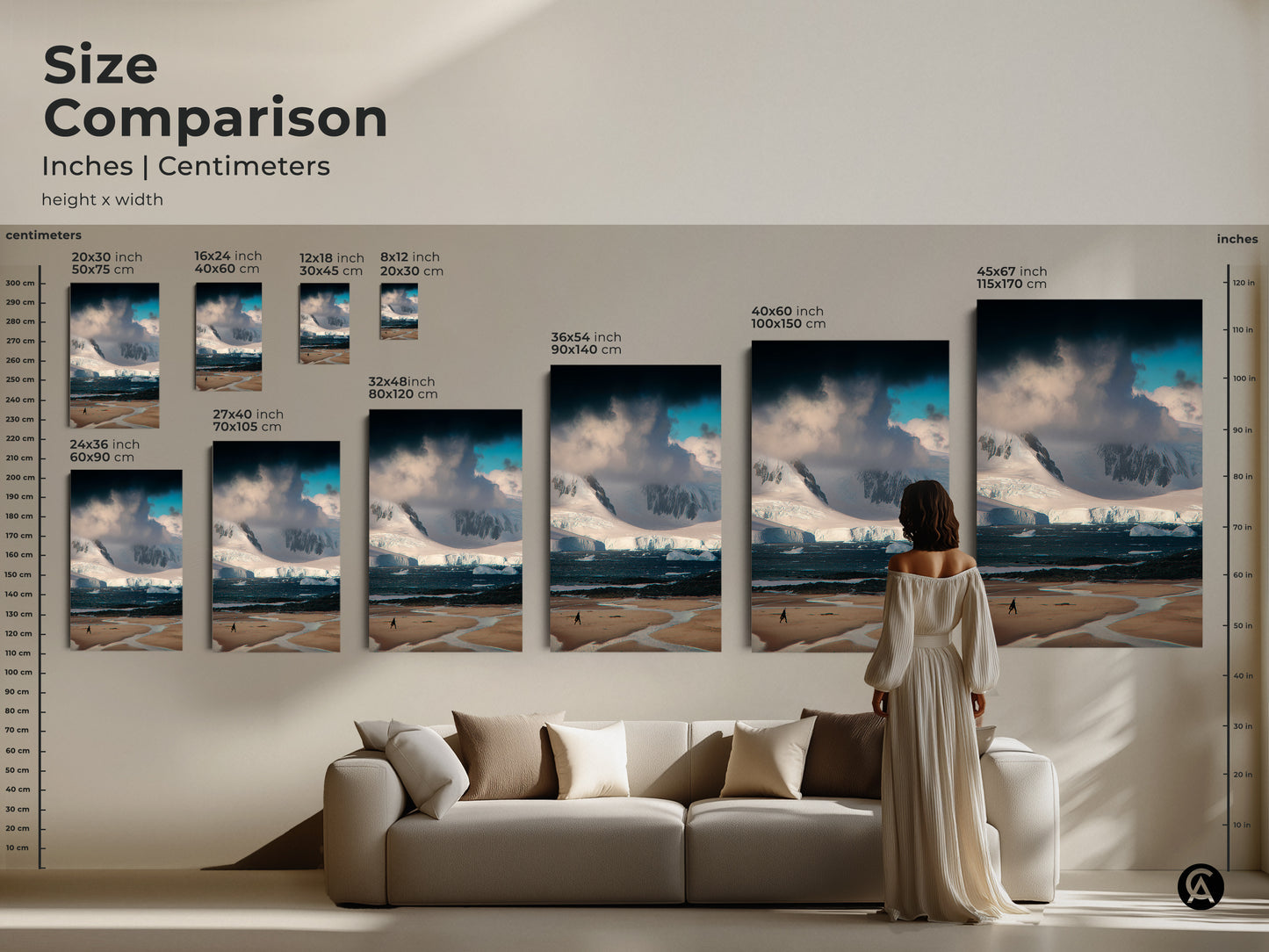 Size Comparison featuring Inches and Centimeters of Antarctica landscape artwork. Available as Canvas or Poster in multiple sizes for a contemporary minimalist or modern home decor styles
