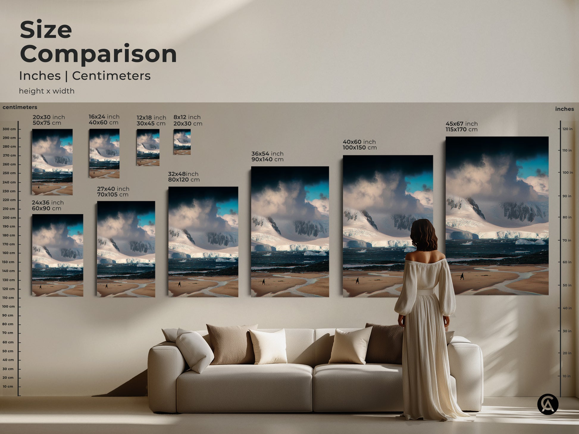 Size Comparison featuring Inches and Centimeters of Antarctica landscape artwork. Available as Canvas or Poster in multiple sizes for a contemporary minimalist or modern home decor styles