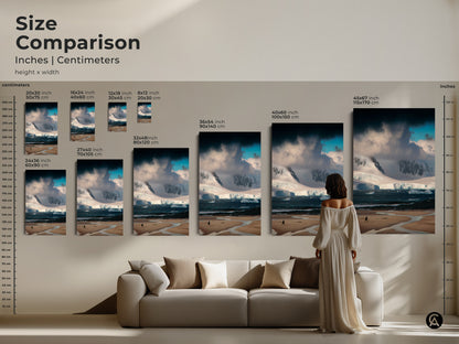Size Comparison featuring Inches and Centimeters of Antarctica landscape artwork. Available as Canvas or Poster in multiple sizes for a contemporary minimalist or modern home decor styles