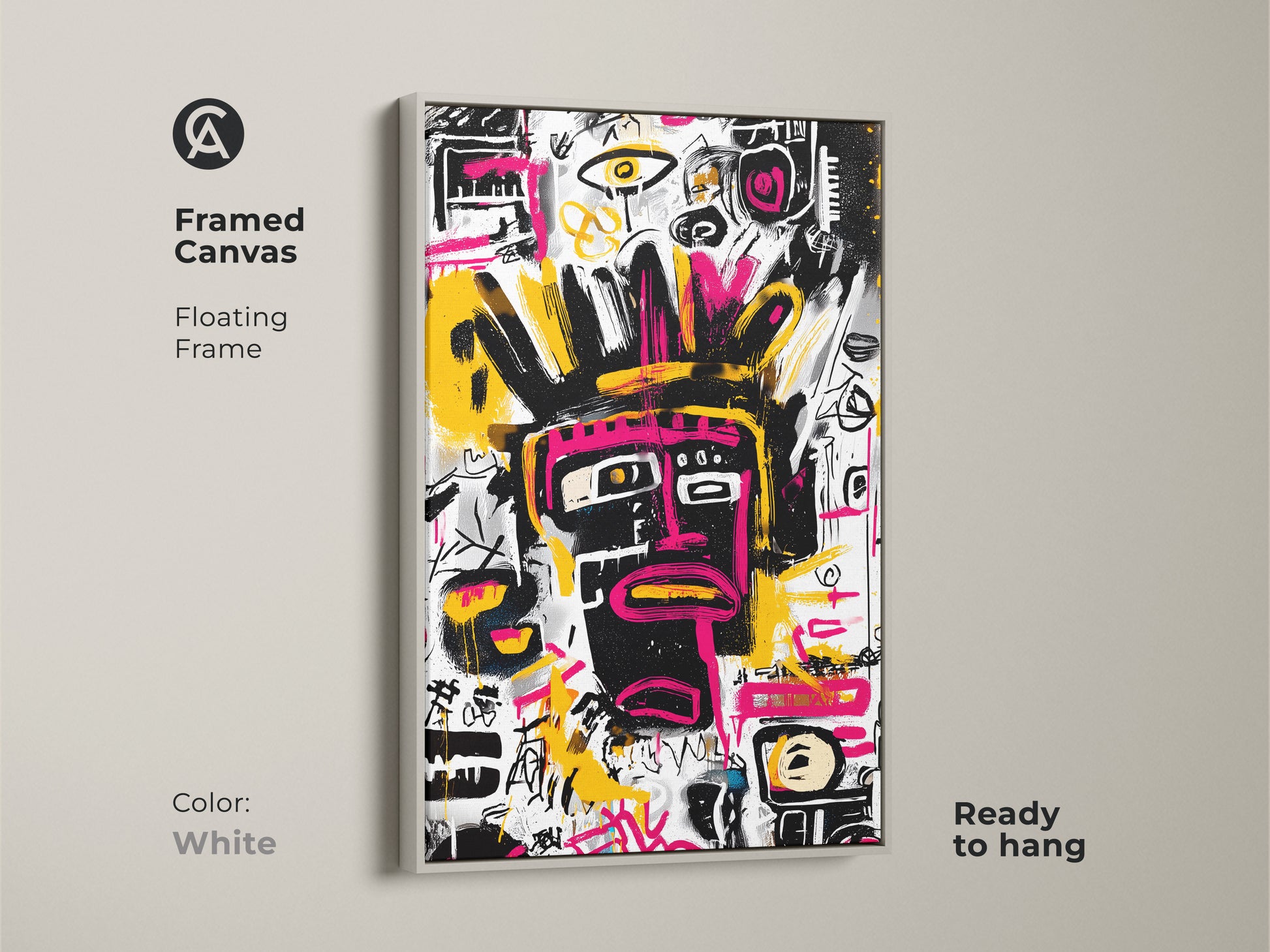 Framed canvas art featuring an abstract face artwork. A white floating frame enhances the art. This modern artwork is ready to hang. The black face has pink details on a white background with colorful accents.