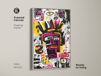 Framed canvas art featuring an abstract face artwork. A white floating frame enhances the art. This modern artwork is ready to hang. The black face has pink details on a white background with colorful accents.
