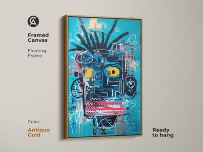 Framed canvas featuring an abstract face artwork in an antique gold floating frame. The art has a blue background with vibrant colors. It's ready to hang. This framed art adds a contemporary touch to any wall. The antique gold frame enhances the modern aesthetic.