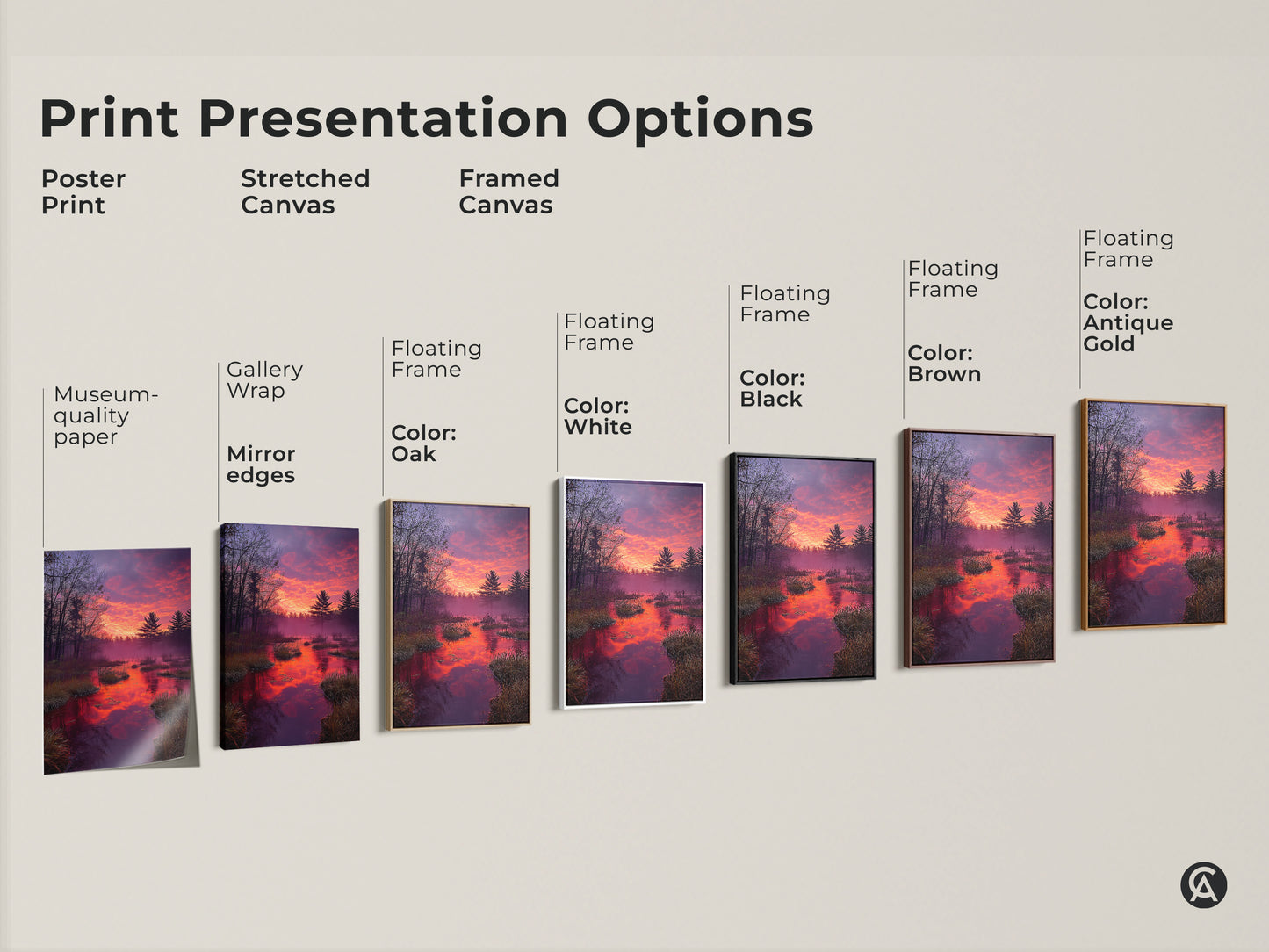 Explore print presentation options with this rustic forest sunset artwork. Choose from a poster print stretched canvas or framed canvas. Each option showcases an orange and purple sky. Pine trees are reflected in the water. Find the perfect museum-quality art with gallery wrap and floating frame options. Elevate your home decor.