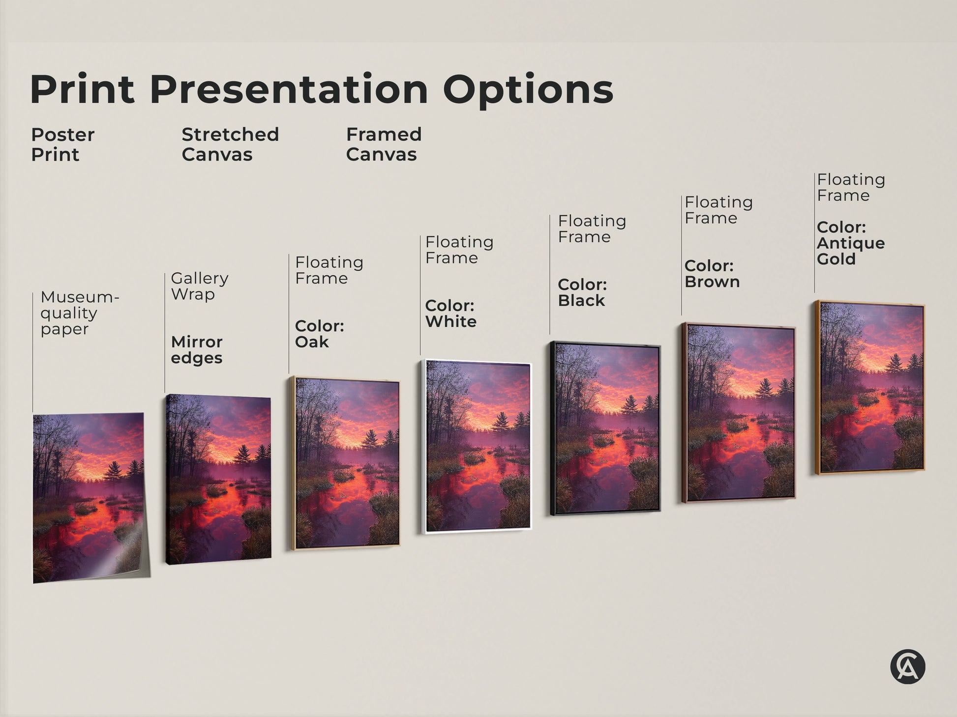 Explore print presentation options with this rustic forest sunset artwork. Choose from a poster print stretched canvas or framed canvas. Each option showcases an orange and purple sky. Pine trees are reflected in the water. Find the perfect museum-quality art with gallery wrap and floating frame options. Elevate your home decor.