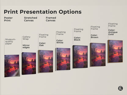 Explore print presentation options with this rustic forest sunset artwork. Choose from a poster print stretched canvas or framed canvas. Each option showcases an orange and purple sky. Pine trees are reflected in the water. Find the perfect museum-quality art with gallery wrap and floating frame options. Elevate your home decor.