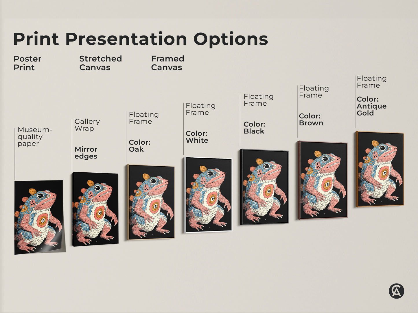 Explore print presentation options for psychedelic frog artwork. Options include a poster print and stretched canvas. Framed canvas with oak white black brown and antique gold frames are available. Find the perfect fit for your retro creature fantasy amphibian poster. This eclectic wall hanging will be perfect.
