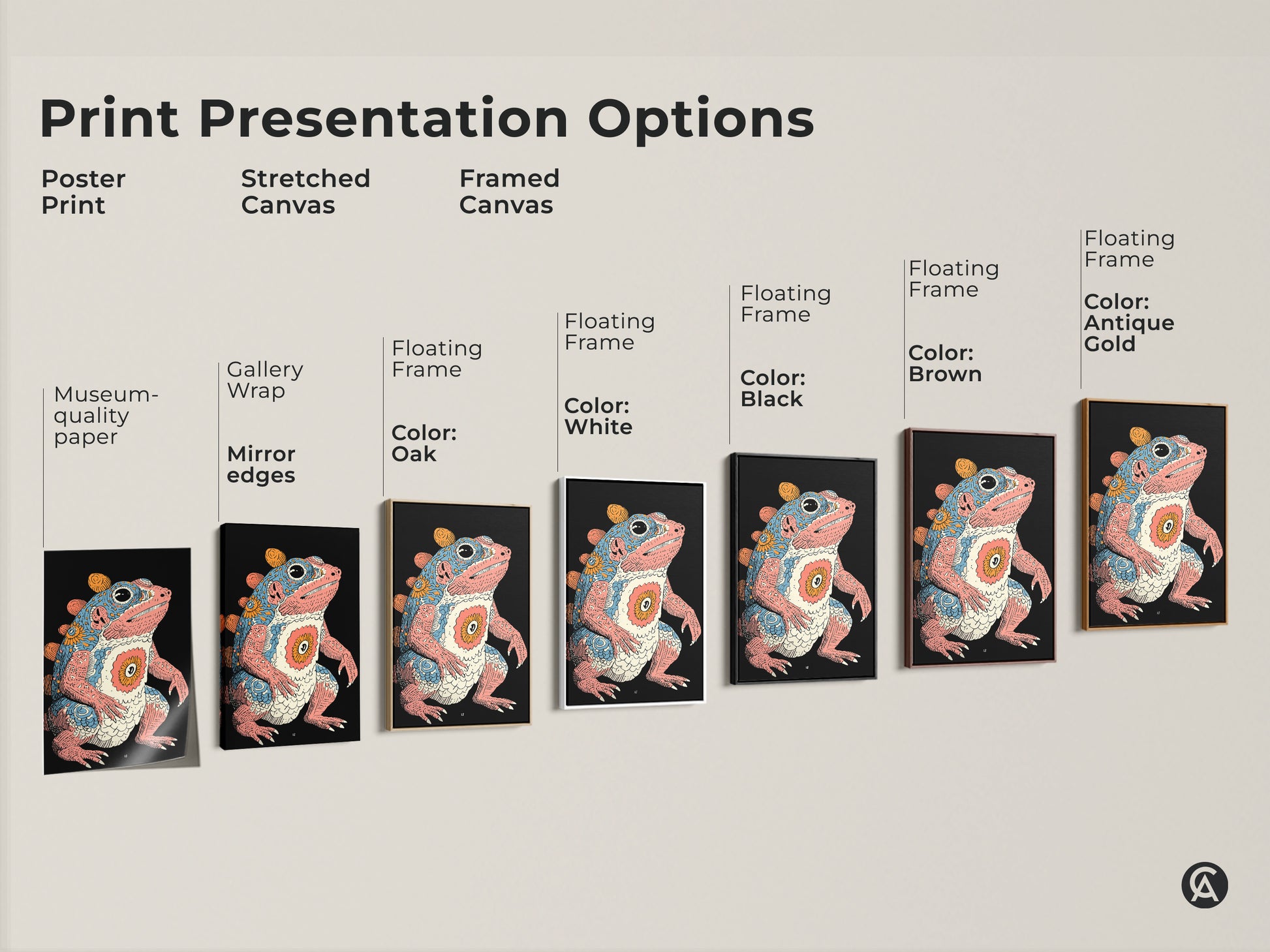 Explore print presentation options for psychedelic frog artwork. Options include a poster print and stretched canvas. Framed canvas with oak white black brown and antique gold frames are available. Find the perfect fit for your retro creature fantasy amphibian poster. This eclectic wall hanging will be perfect.