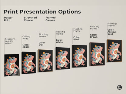 Explore print presentation options for psychedelic frog artwork. Options include a poster print and stretched canvas. Framed canvas with oak white black brown and antique gold frames are available. Find the perfect fit for your retro creature fantasy amphibian poster. This eclectic wall hanging will be perfect.