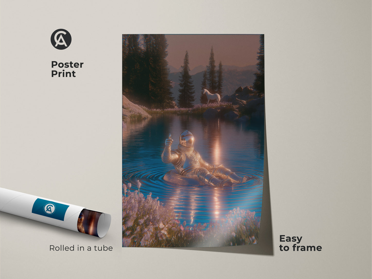 Poster print of astronaut relaxing in a lake with a horse in the background. Surreal sci-fi nature print for cosmic journey vibes. Features blue silver and pink colors. Easy to frame wall art. This fantasy landscape art adds an artistic touch to any room.