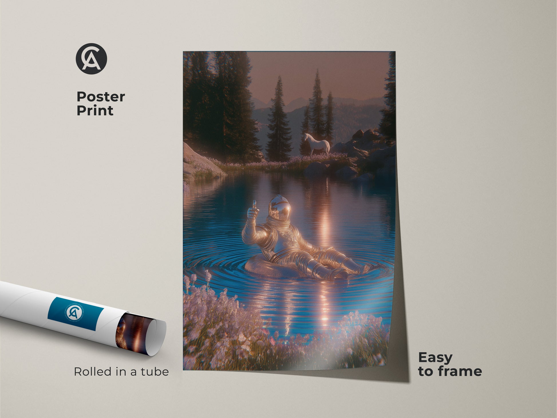 Poster print of astronaut relaxing in a lake with a horse in the background. Surreal sci-fi nature print for cosmic journey vibes. Features blue silver and pink colors. Easy to frame wall art. This fantasy landscape art adds an artistic touch to any room.