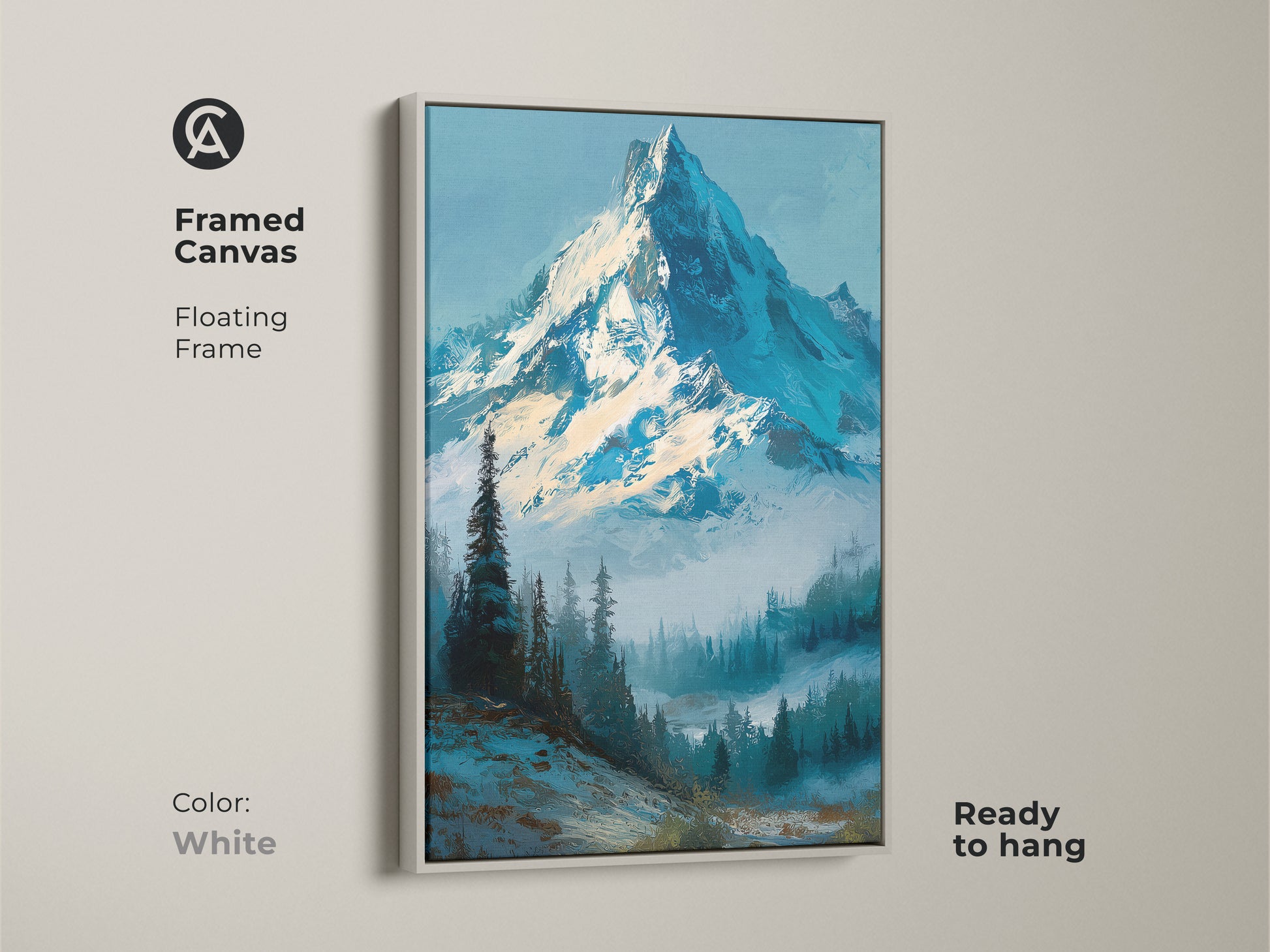 Framed canvas art of a snow-capped mountain in a white floating frame. Ready to hang and complements any interior style. The mountain artwork brings a peaceful outdoor scene indoors. Find framed mountain landscape art to enhance your home.
