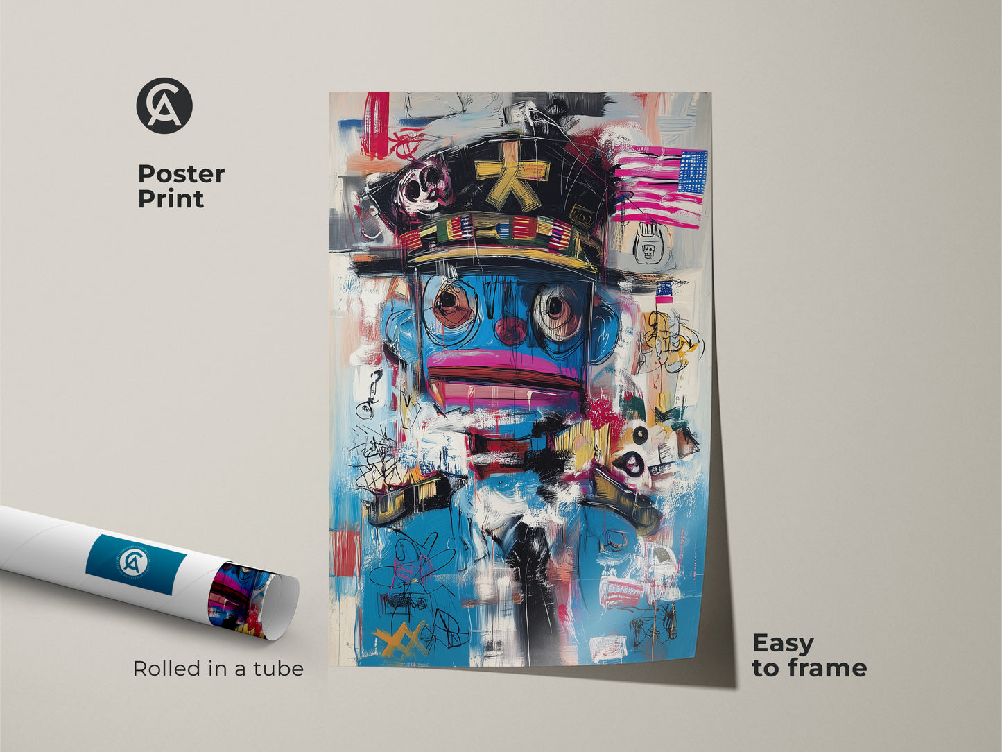 Poster print of a graffiti character art piece. This abstract pop culture canvas is rolled in a tube and easy to frame. The blue and red abstract artwork adds a modern urban touch. Perfect as eclectic office wall decor or a unique birthday gift art collectible.