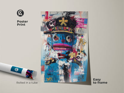 Poster print of a graffiti character art piece. This abstract pop culture canvas is rolled in a tube and easy to frame. The blue and red abstract artwork adds a modern urban touch. Perfect as eclectic office wall decor or a unique birthday gift art collectible.