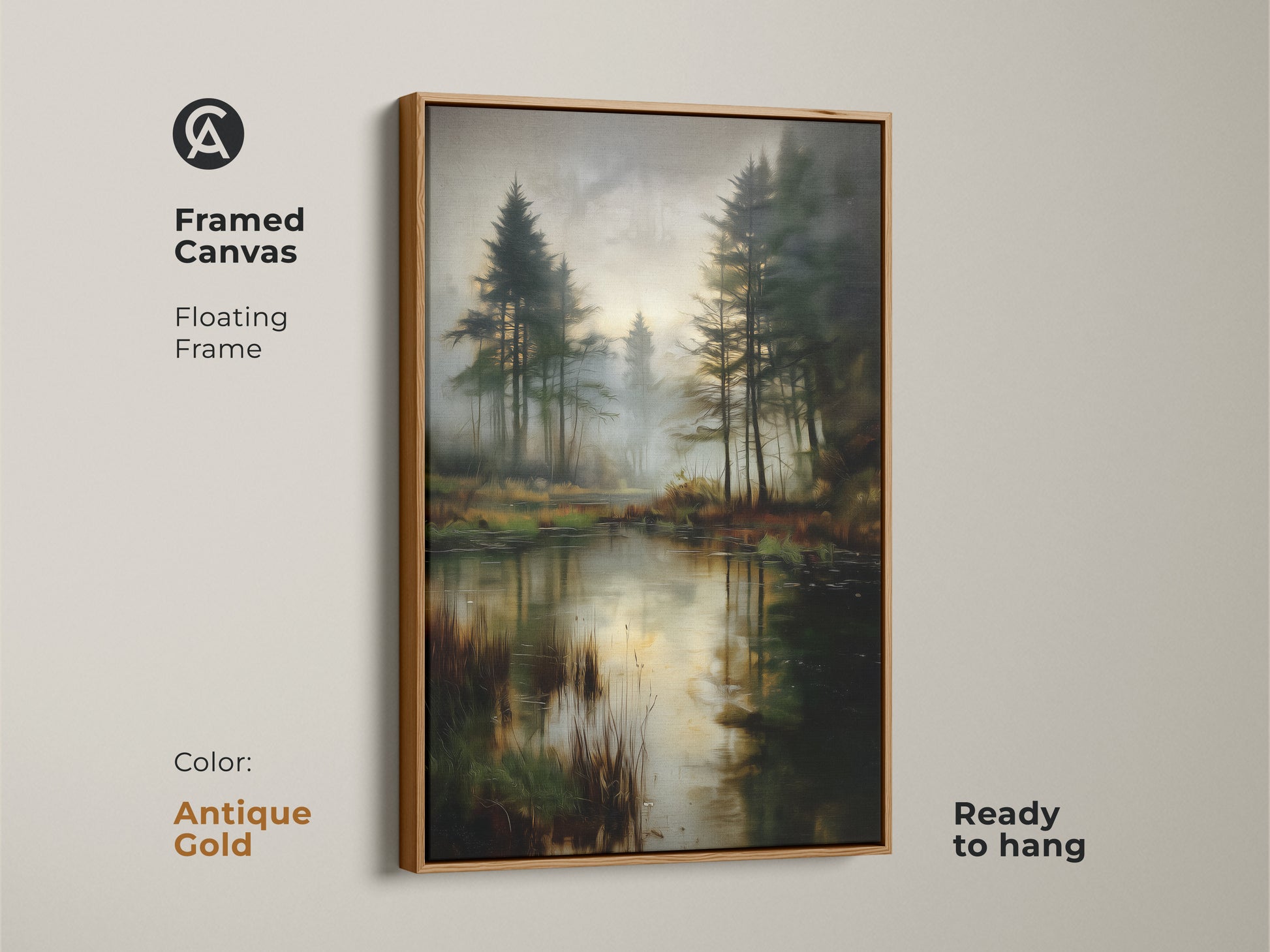 Framed canvas of a misty pine forest lake in an antique gold floating frame. The rustic landscape artwork features deep green nature print. This peaceful forest scenery is ready to hang. A cozy cabin decor print.