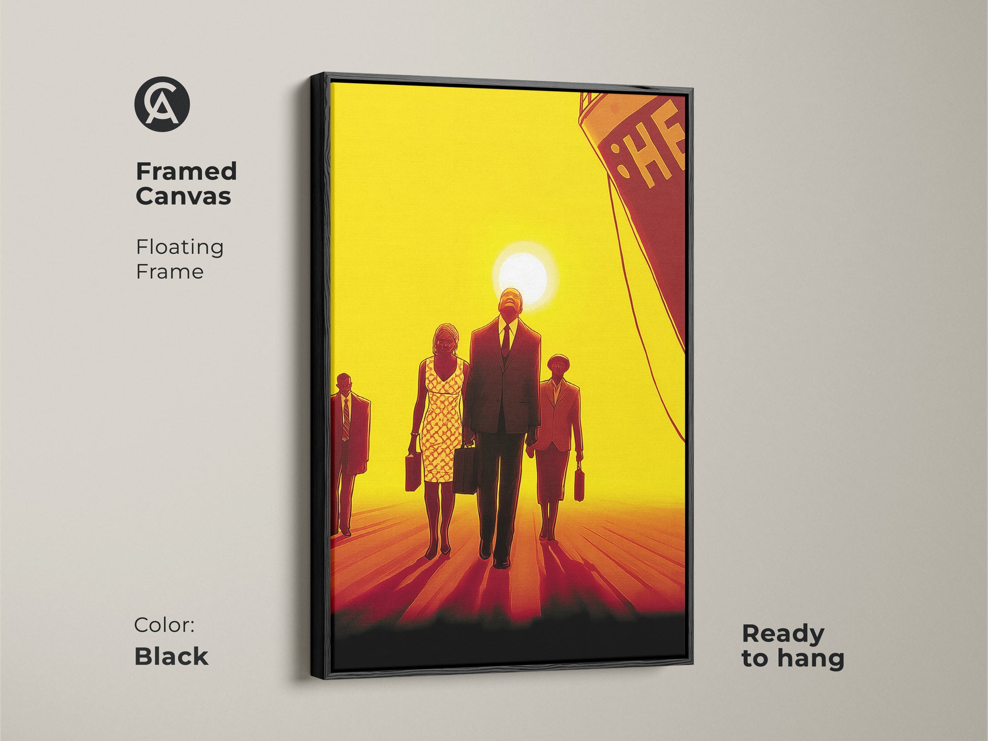 Framed canvas with a floating frame featuring retro people. They are walking towards a ship at sunset. The artwork uses a contemporary style with a bold yellow red and orange palette. It's ready to hang.