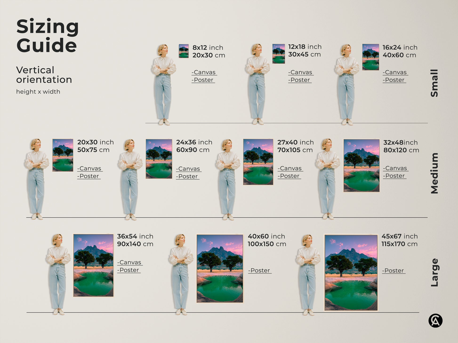 View the sizing guide for this vertical African landscape art. Available as canvas or poster in small medium and large sizes. See the acacia trees and green water oasis. Perfect for eclectic home decor. This mountain view print makes a great travel lover gift idea. Sizes range from 8x12 to 45x67 inches.