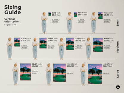 View the sizing guide for this vertical African landscape art. Available as canvas or poster in small medium and large sizes. See the acacia trees and green water oasis. Perfect for eclectic home decor. This mountain view print makes a great travel lover gift idea. Sizes range from 8x12 to 45x67 inches.