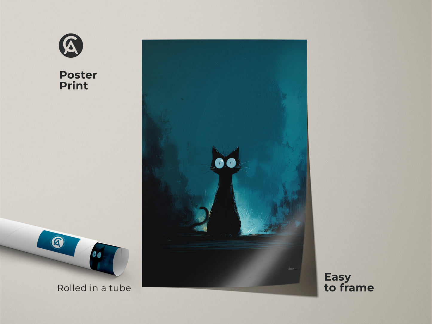 Poster print of a black cat with wide eyes against a teal backdrop. This dark fantasy cat art is an excellent gift idea for cat lovers. Easy to frame and adds eclectic animal art to a bedroom. A unique wall hanging.