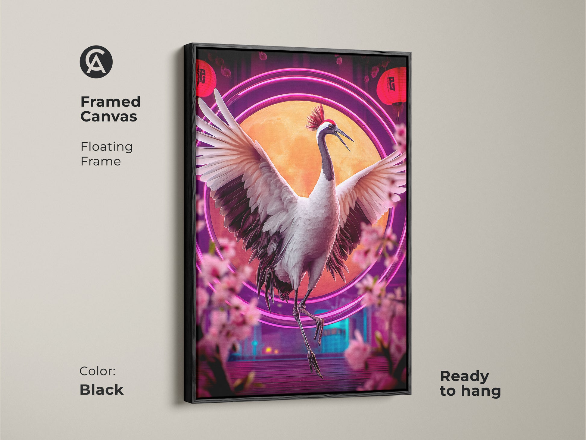 A framed canvas features the floating frame of the red crowned crane print. The Japanese culture art includes a neon circle and cherry blossoms. This ornate crane painting is ready to hang and will elevate any space. This makes for perfect eclectic bedroom art.