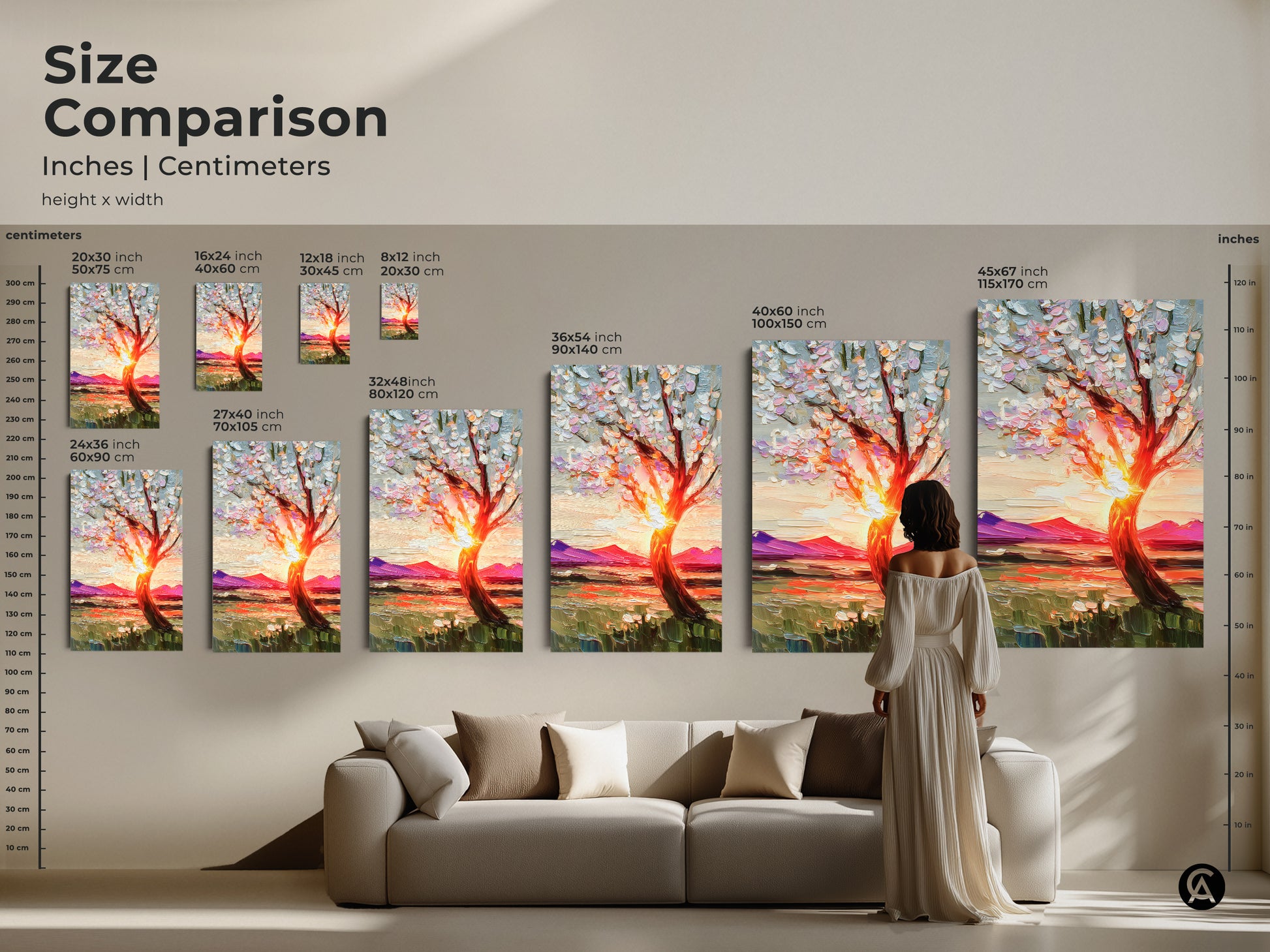 Compare sizes of this impressionist nature art featuring a blooming tree against a vibrant sunset landscape. Visualize different dimensions of canvas and poster prints in inches and centimeters. Perfect for adding a touch of natural tree wall art to your living room. This artwork makes a great housewarming gift.