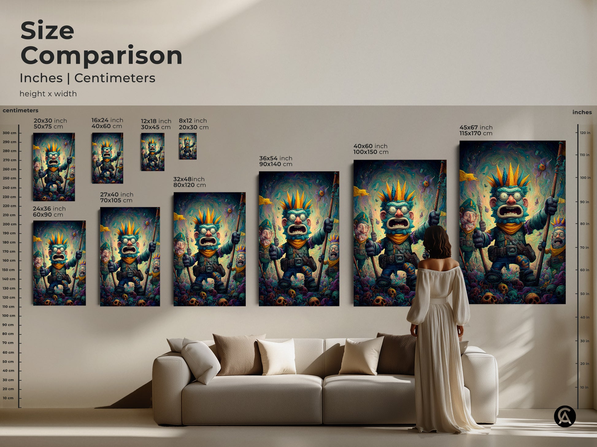 Compare sizes of this bizarre monster artwork in inches and centimeters. See how the art print scales from a small 8x12 inch to a large 45x67 inch canvas. Choose the ideal size to complement your living room. Elevate your home decor with this unique artwork.