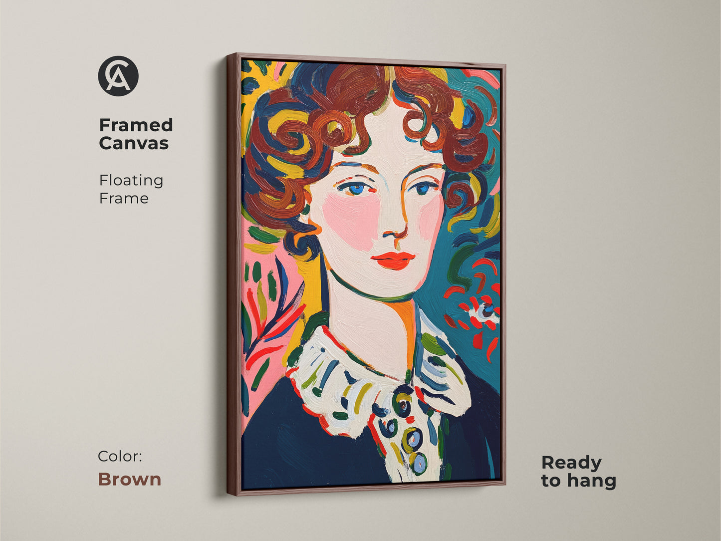 Framed canvas print featuring a portrait of a woman. The floating frame is brown and complements the artwork. This ready-to-hang piece adds warmth to any space. The painting's vibrant colors create a captivating display.