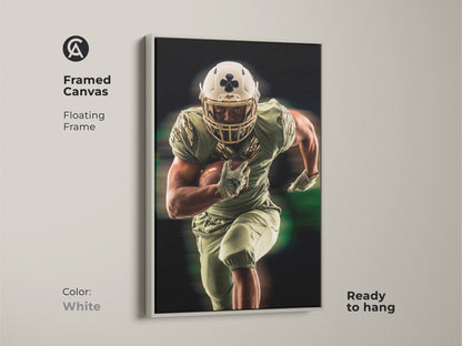 White framed canvas print of an American Football player. This floating frame highlights the modern sports artwork. Ready to hang it is ideal for office wall decor or a man cave.